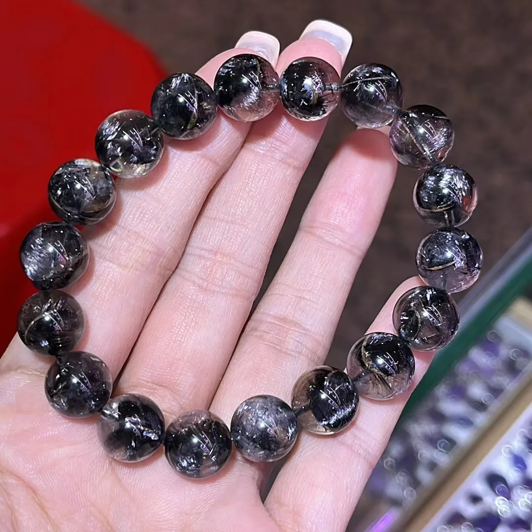 Natural Black Brookite Platinum Rutilated Quartz Bracelet 11.3mm Woman Man Gift Round Beads Brookite Crystal Jewelry AAAAAA