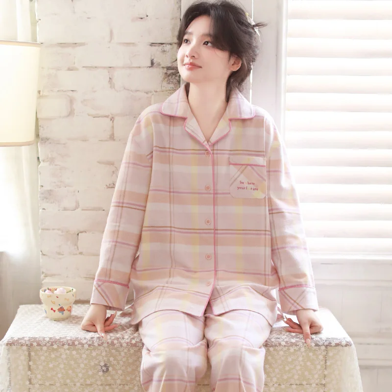 

Свежая и милая женская пижама из чистого хлопка с начесом, весенне-осенний простой повседневный комплект верхней одежды в клетку большого размера