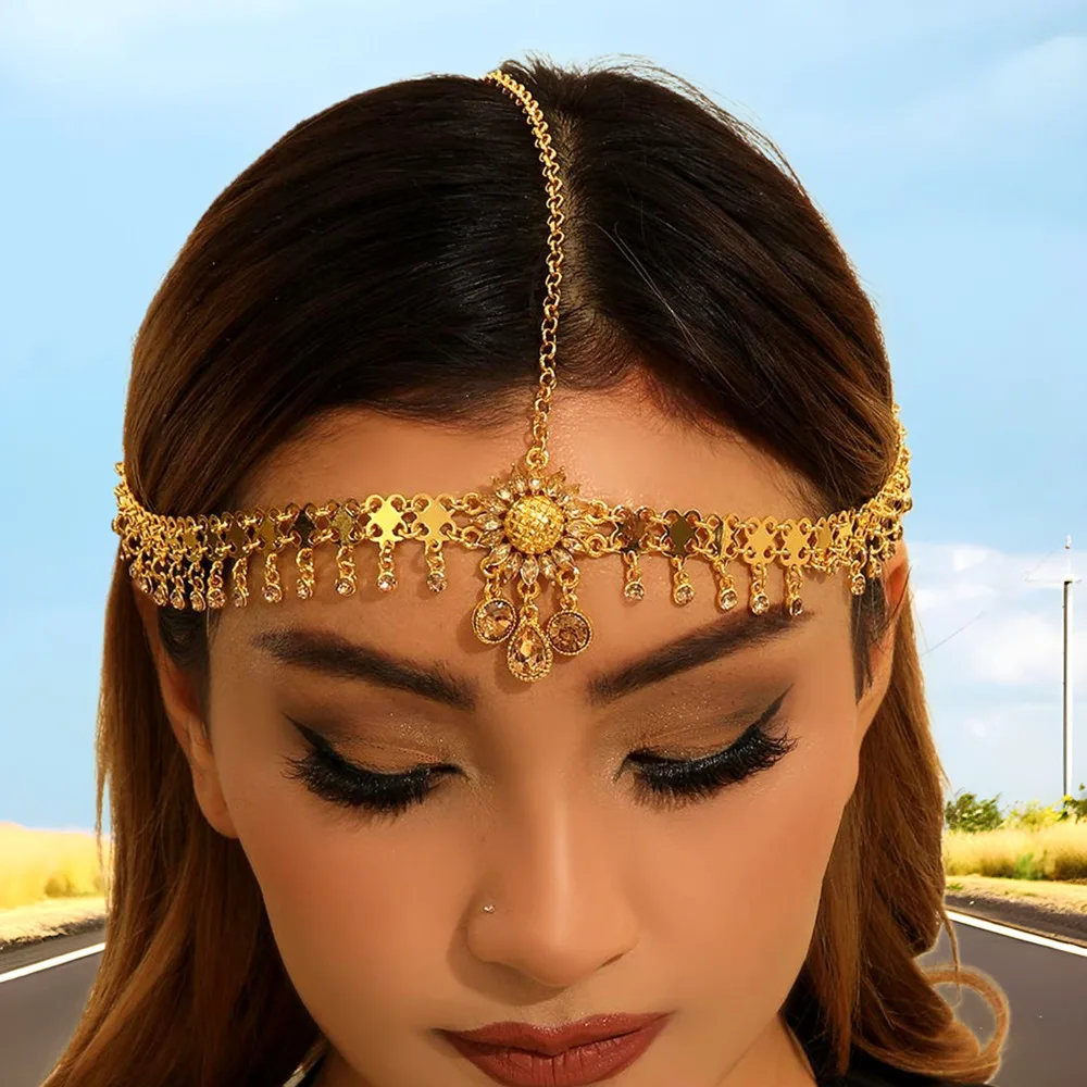 Arab Headdress Gold Color Crystal Sunflower Daisy Rhinestone Water Drop Tassel Head Chain Headband For Women Wedding Accessories