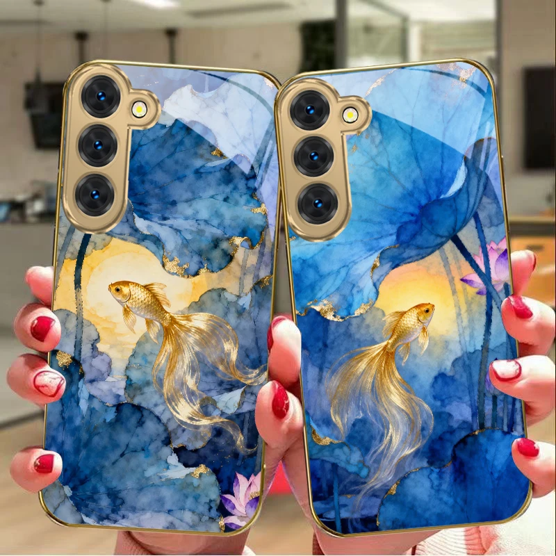 The Lucky Fish of Lotus For Samsung Galaxy S26 S20 FE S21Plus S22 23 Plus S24 Ultra S25 S21+ S9+ 22Plus Golden glass phone case