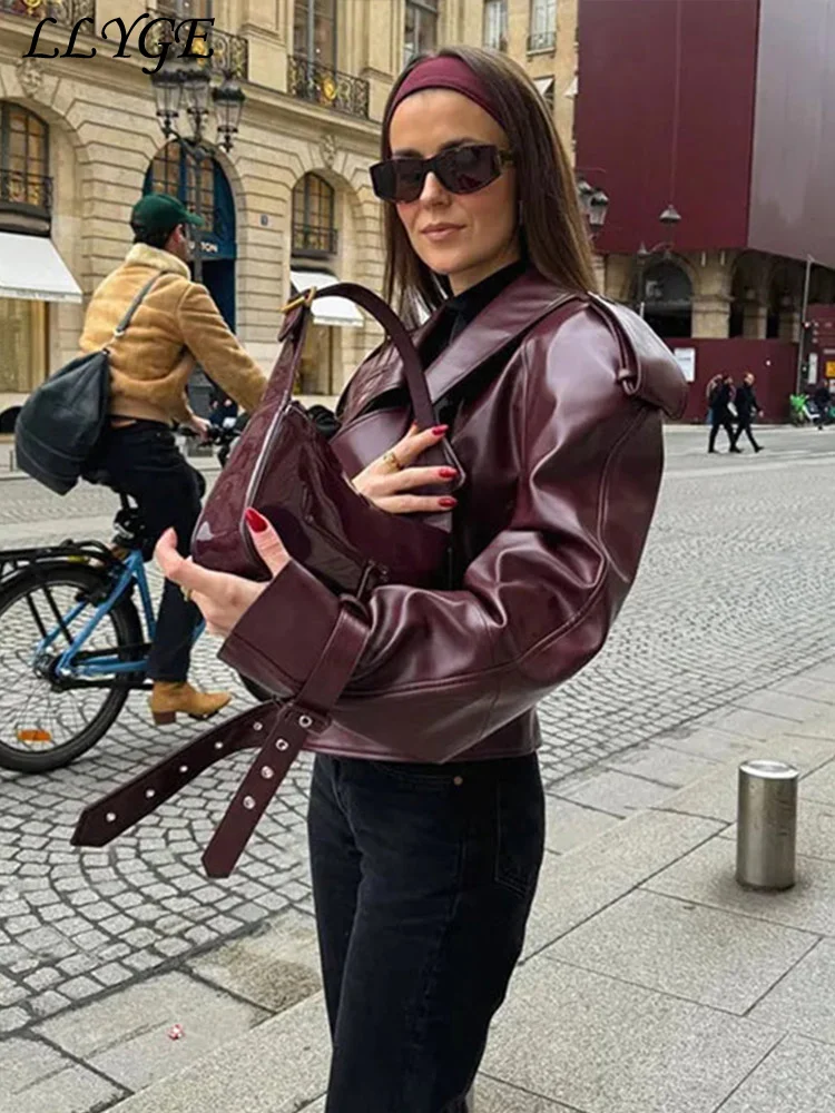 Elegant Women\'s Short Leather Jackets With Belt Loose Lapel Long Sleeved Patchwork Coat 2024 Autumn Lady Street Urban Outwears 