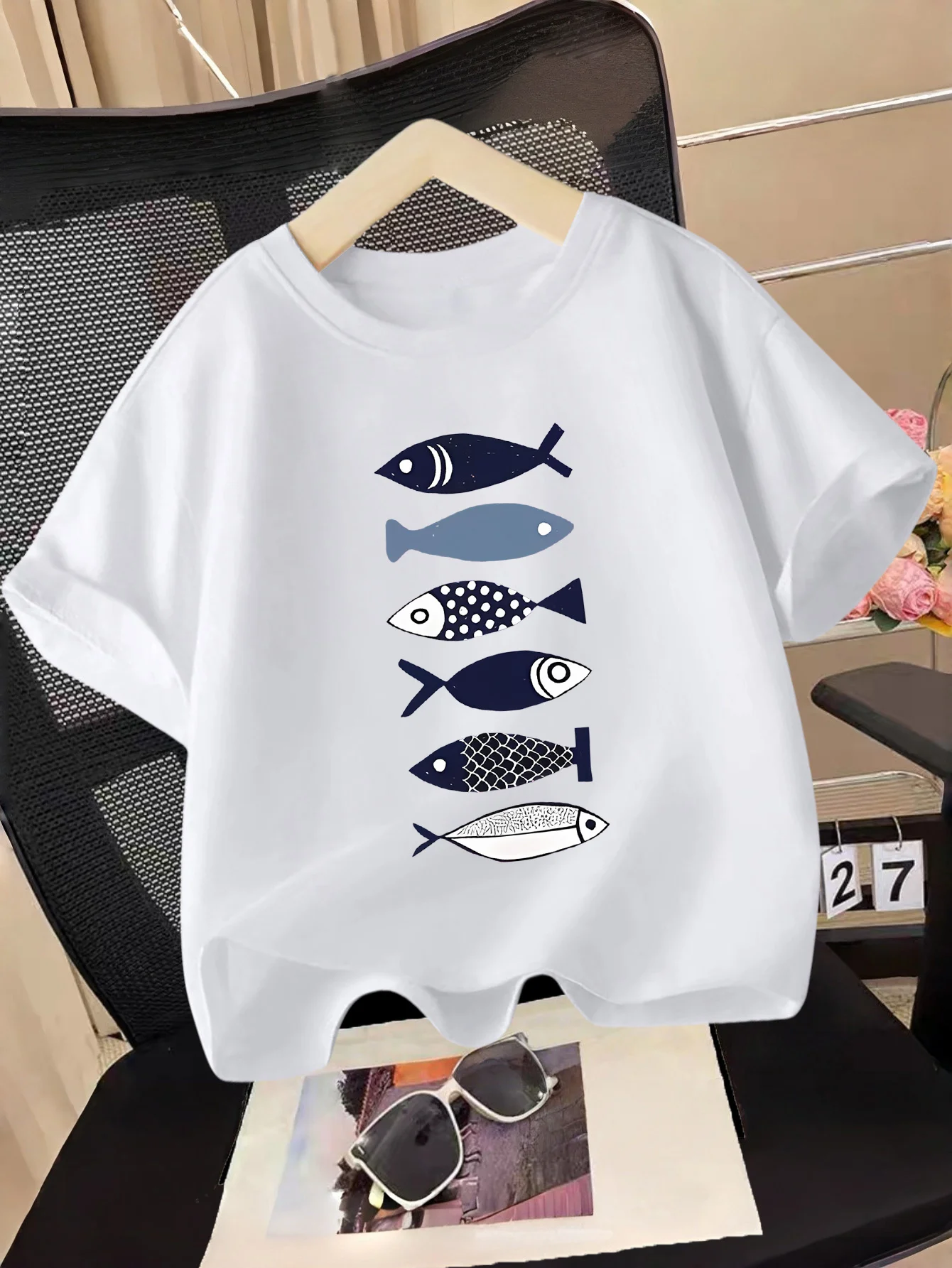 Abstract Multiple Fish Graphic Kids T Shirt Boys Girls Ocean Theme Short Sleeve Tee Family Matching Children Daily Outfit Top