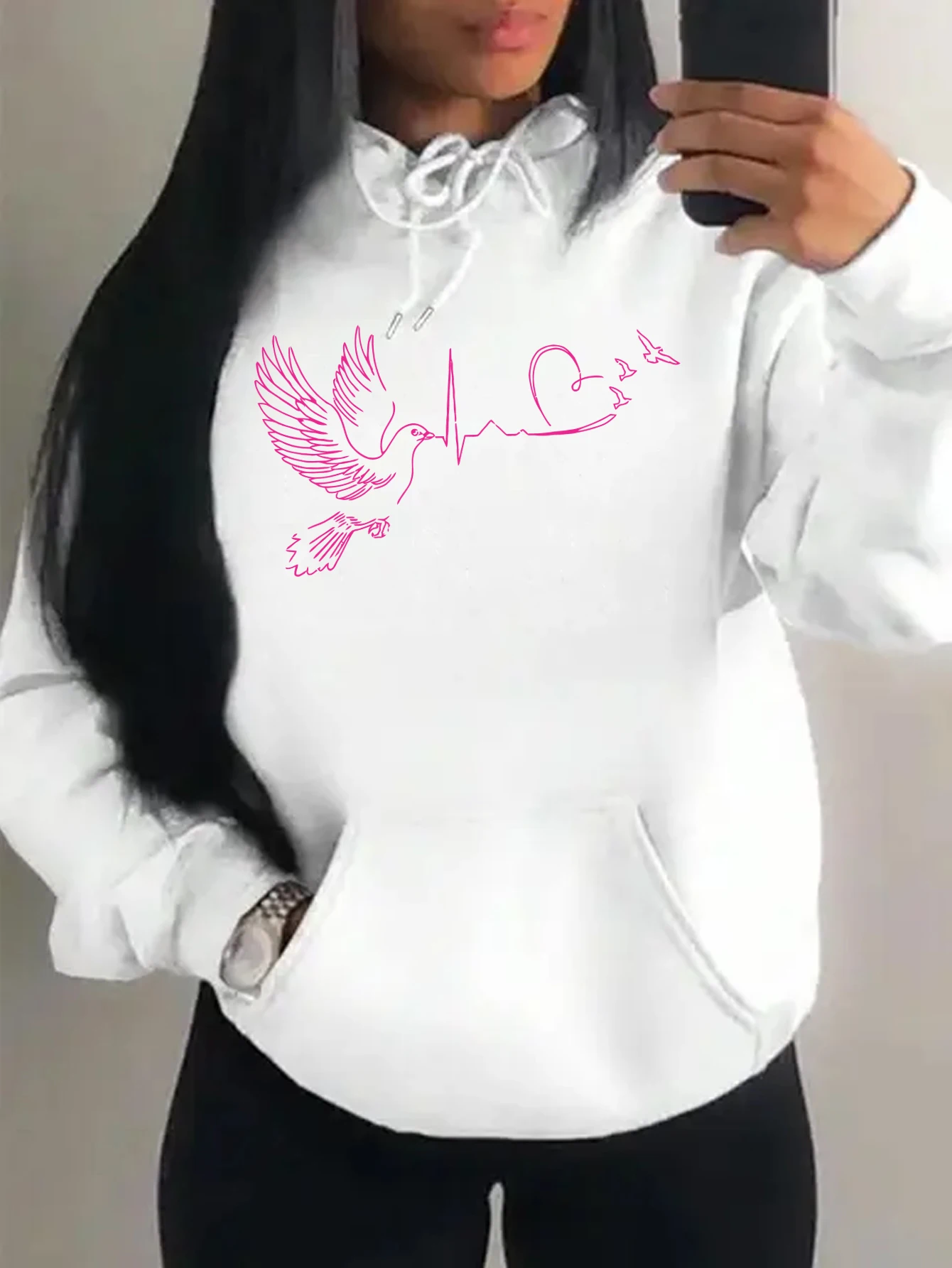 Bird Heart Electrocardiogram Print Streetwear Women Hip Hop Warm Hoodie Autumn Fleece Pullover Comfortable Pocket Female Clothes