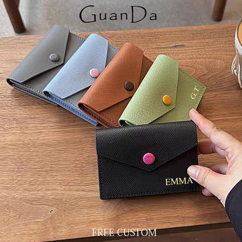 

Fashion Cute Split Leather Card Wallet Custom Name Woman Luxury Envelope Card Holder Personalized Cowhide Business Card Bag Gift