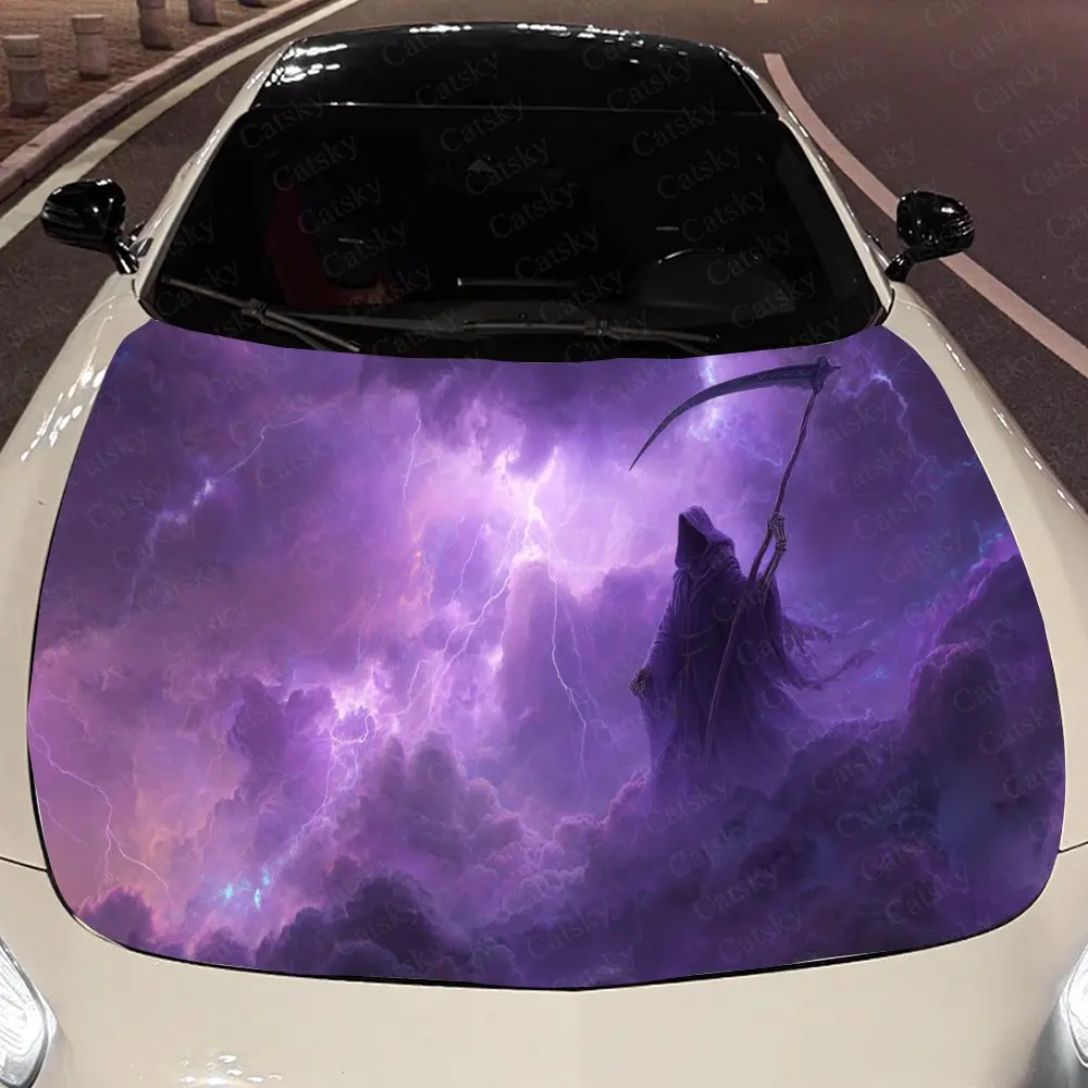Purple Lightning Grim Reaper and Clouds Auto Cover Sticker, Waterproof and Self-adhesive Auto Hood Decal, Auto Vinyl Wraps, Cool