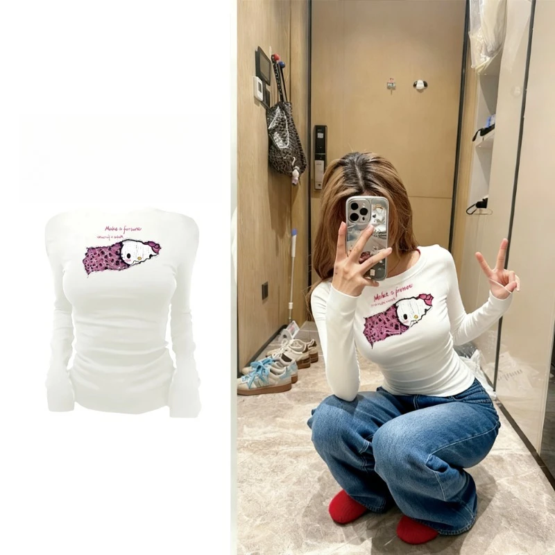 

Женская футболка с креативным принтом Hello Kitty, уличный стиль Y2k, новая весенняя женская одежда, модные облегающие топы с длинными рукавами