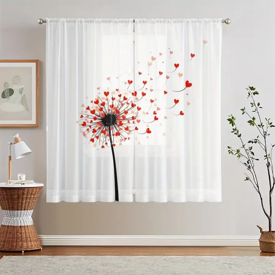 2PCS Digital Print Sheer Curtains, Red Heart Dandelion, Whimsical Romantic Nature Style for Bedroom Living Room Home Decor