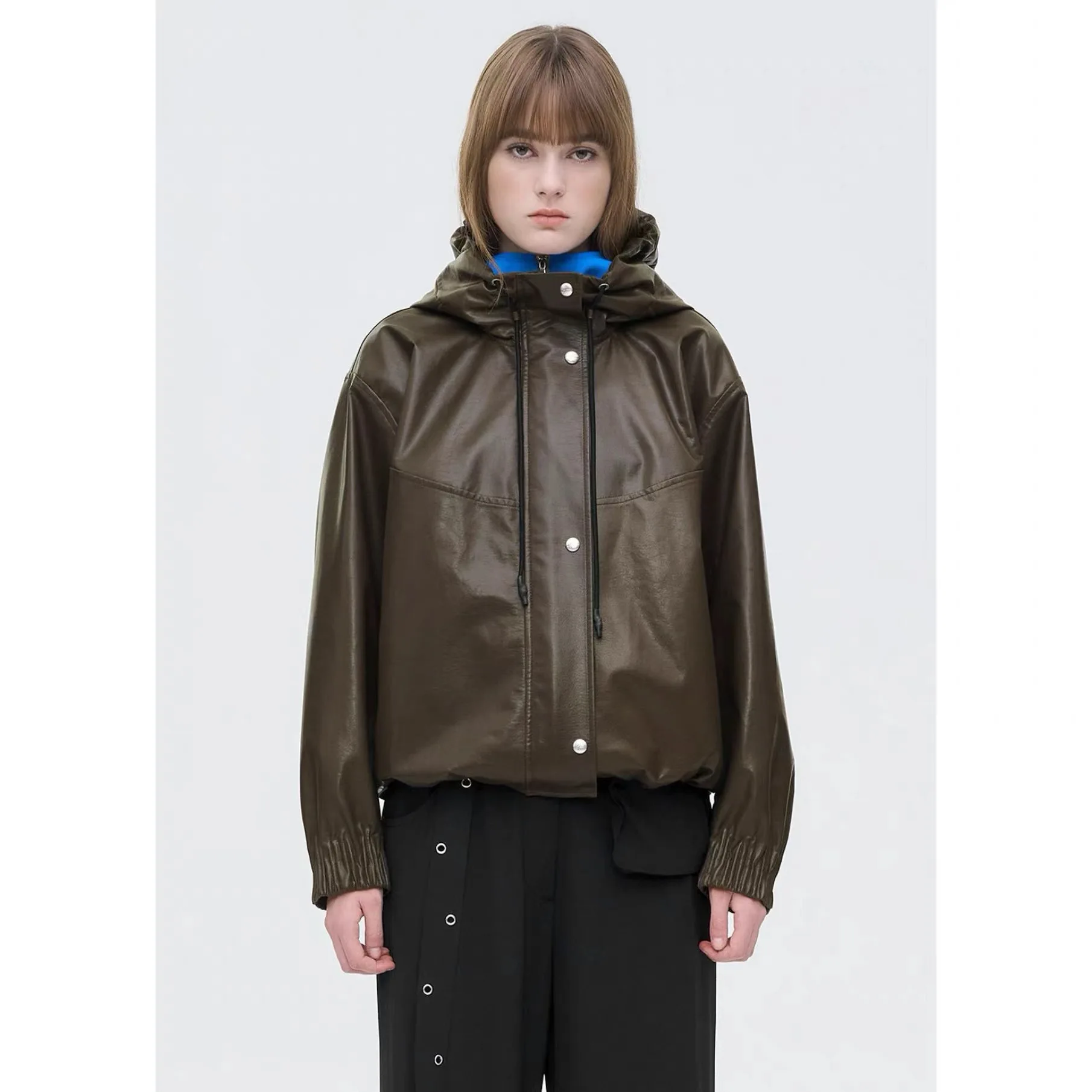 

Faionable Casual Lemon Cheese PU Leather Jaet Coat with Hoodie Versatile Long Sve Zipper Closure Color Commute S...