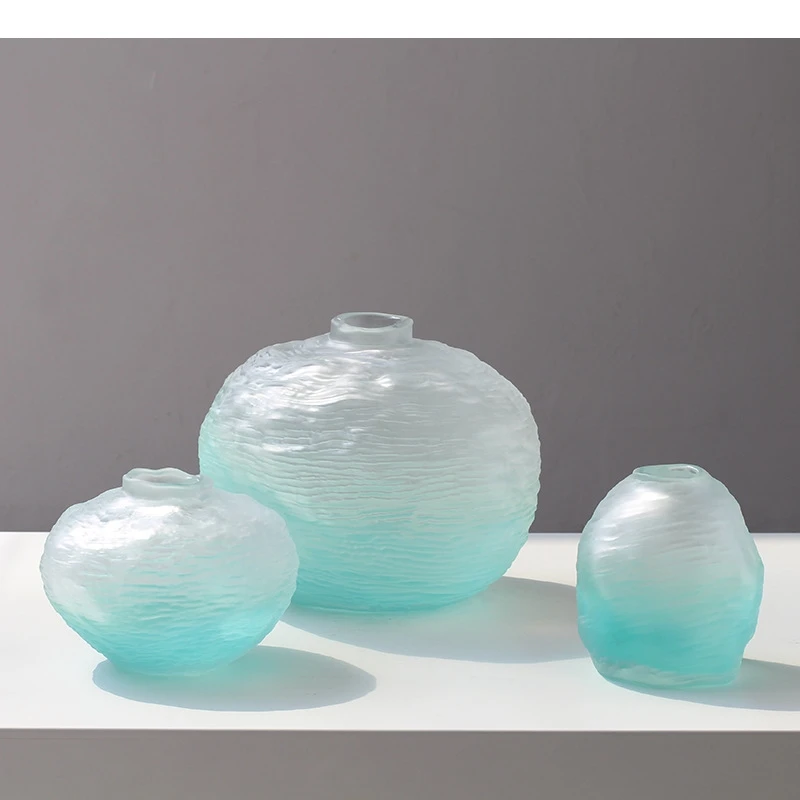 Gradient Blue Frosted Glass Vase Plant Pots Table Decoration Creative Flowers Arrangement Floral Vases Room Aesthetic Decor