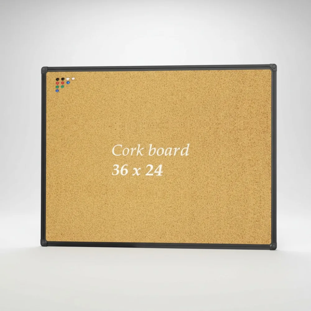 لوحة إعلانات من الفلين مقاس 36 × 24 بإطار من الألومنيوم الأسود مثبتة على الحائط للمكتب والمنزل والمدرسة مع دبابيس ضغط