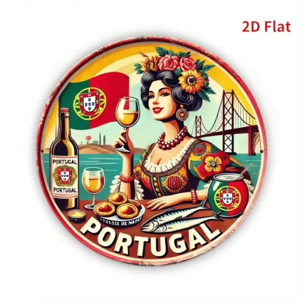 ديكور موضوع "طعام برتغالي ومناظر جسر حديثة" ثنائي الأبعاد - يتميز بعلم برتغالي وجسر حديث، مثالي لغرف المعيشة