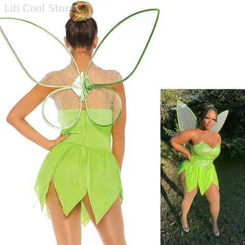 Forest Green Angel Elf Dress for Women Fairy Tinker Bell Cosplay Outfit Fancy Dress with Butterfly Wings Halloween Party Costume