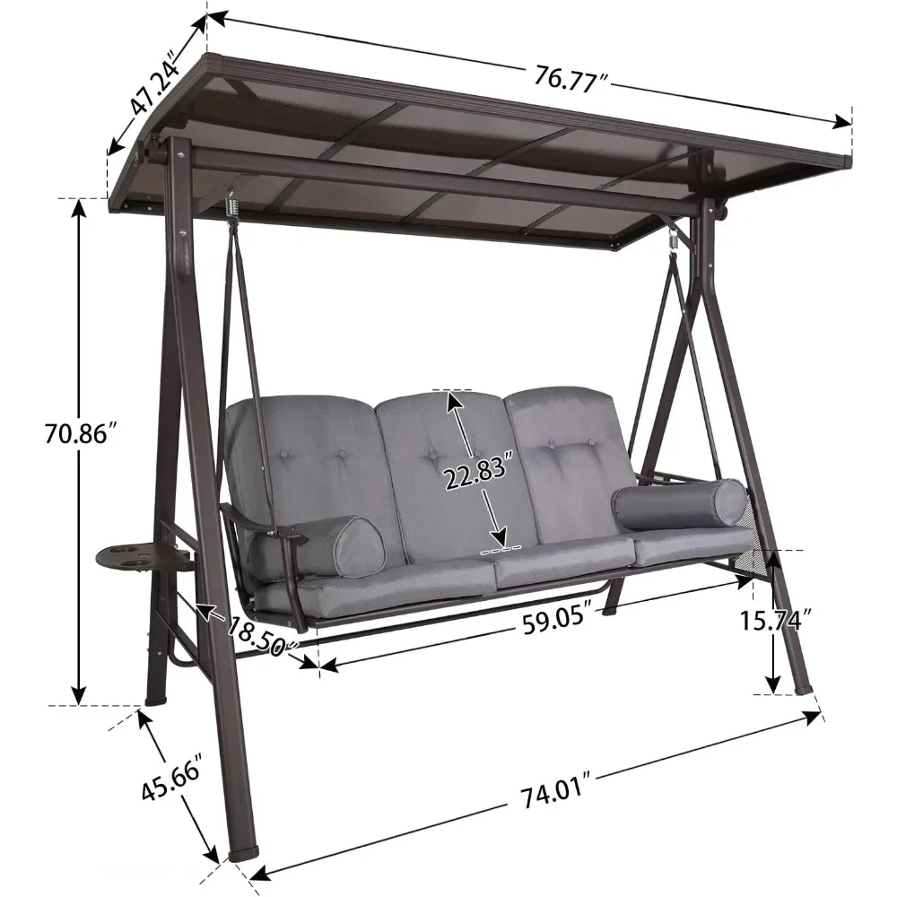 Outdoor Patio Porch 3-seat Swing with Adjustable PVC Canopy, Swing Chair Bench with Side Cup Holder