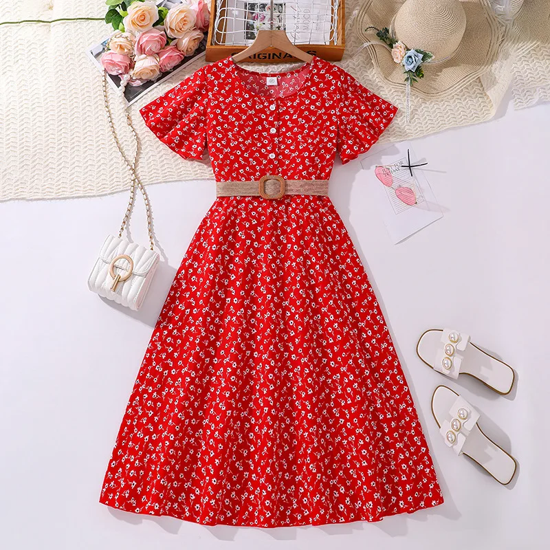 

2024 Summer New Arrival Girls Short Print Floral Belt Red Roupa Infantil Menina Cute Party Dress Custume 8-12T