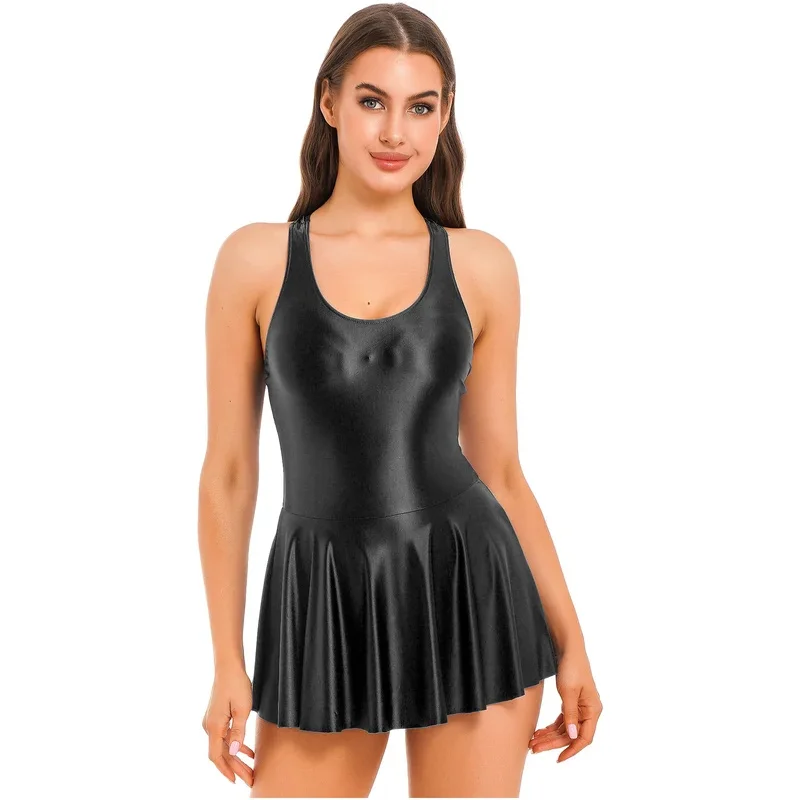 Womens glossy tank dress sleepveless U neck leotard bodycon dresses swimsuit swimwear sports bodybuilding yoga dancewear