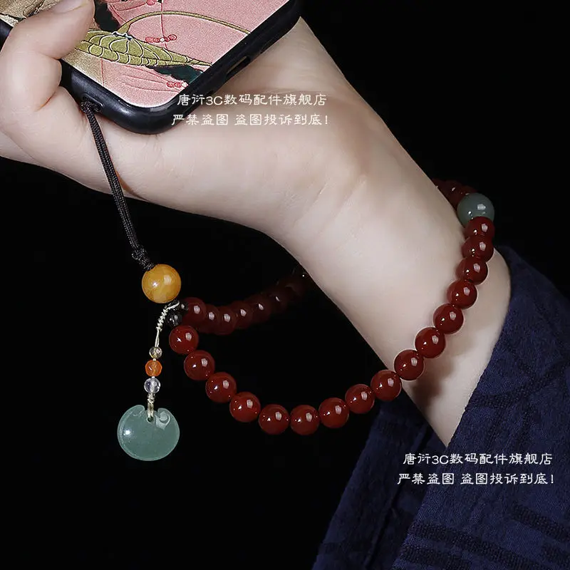 2004 NewLanyard Wrist Rope Women's High-end Natural Red Agate Jade National Fashion Vintage Windmill Keychain Mobile Phone Chain