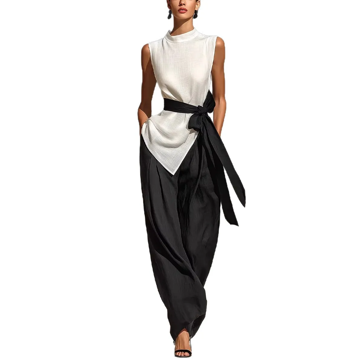 

2026 New Women's Linen Set Elegant Sleeveless Tie-Front Top Modern Wide Leg Pants 2-Piece Outfits Summer Casual Resort Wear