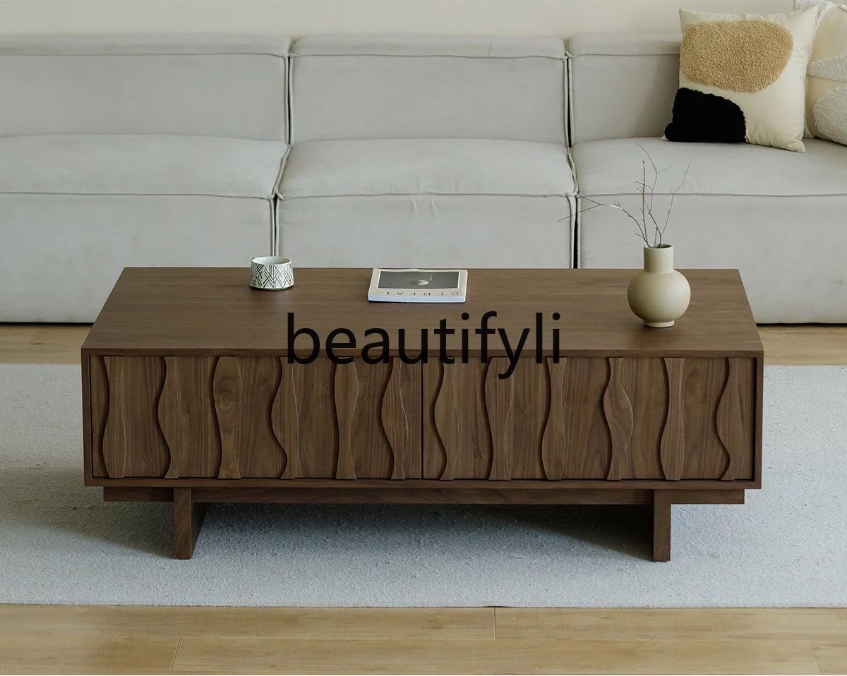 

Nordic solid wood coffee table living room black walnut log light luxury rock plate tea table household small apartment