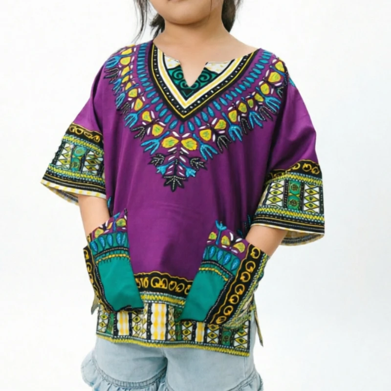 Original Design Kids Dashiki Top Purple African Print Tunic Shirt for Girls Boys Unique Ethnic Summer Blouse with Pockets
