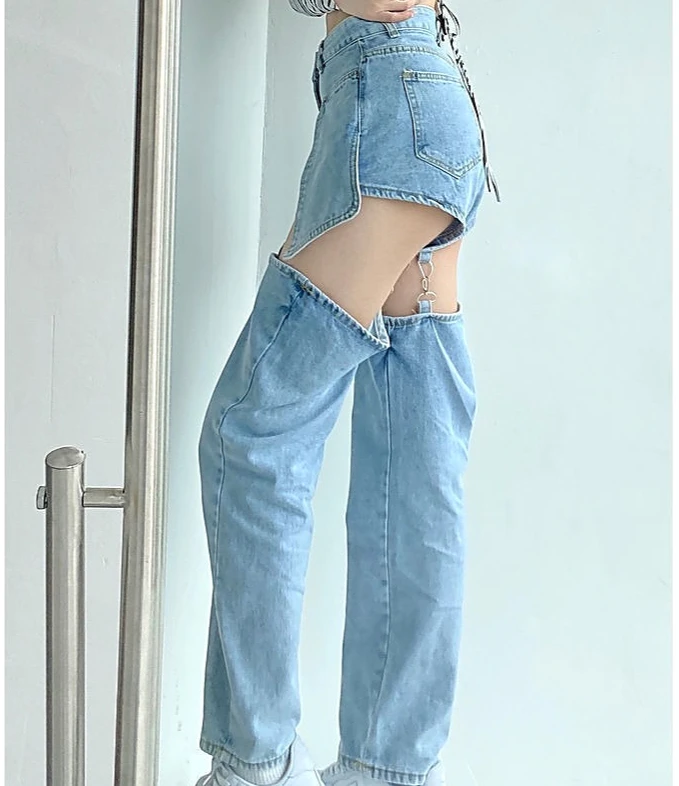 

Denim Pant Women Jeans Wide Leg Long Pants Hole Two Fakes High Waist Straight Trousers Y2k Streetwear Elegant Work Summer