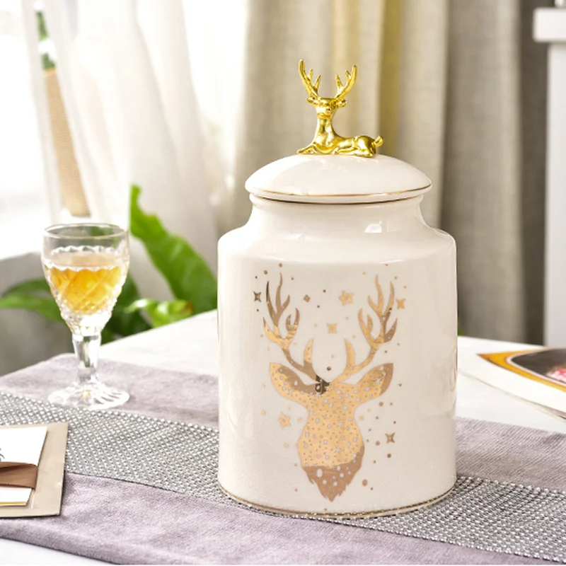 

European-style Ceramic Storage Jar Dried Fruit Snack Deer-shaped Lid Living Room Porch Decorative Ornaments