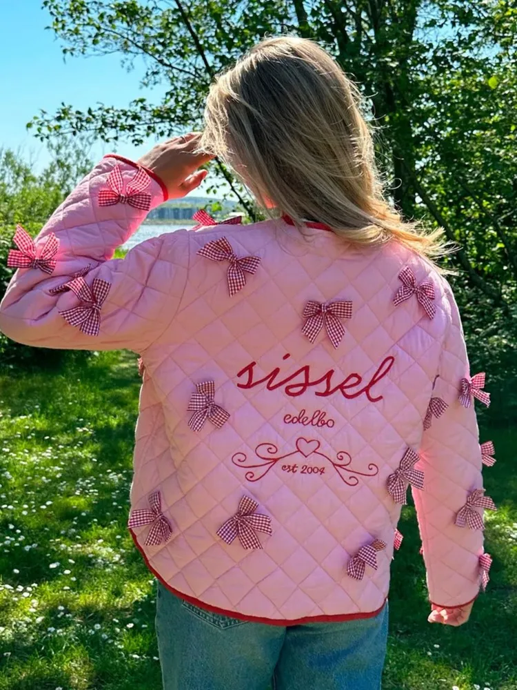 2024 New Sweet Pink 3D Bow Winter Coat Lace-up Double Pocket Fashion Quilted Cotton Jacket Autumn Chic Outwear Female Clothes