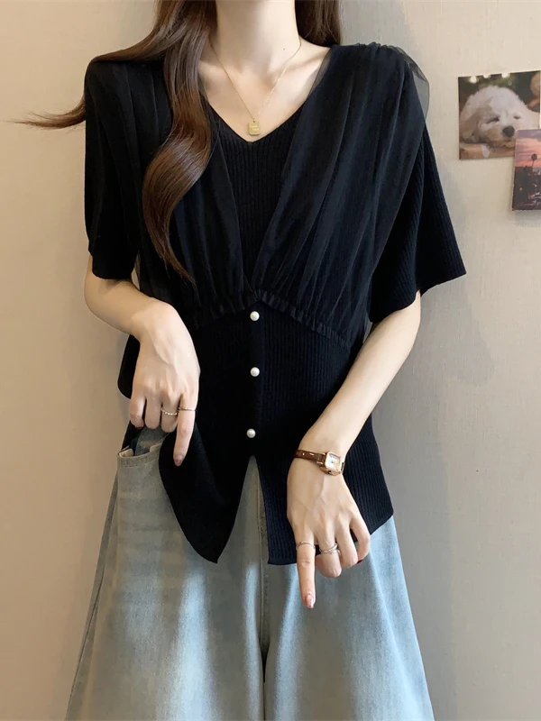 

plus Size Me Splice ort Sve T-irt Women Summer Slim V-Ne oulder Appropriate Waist Inward Top Princ Sle Stra...