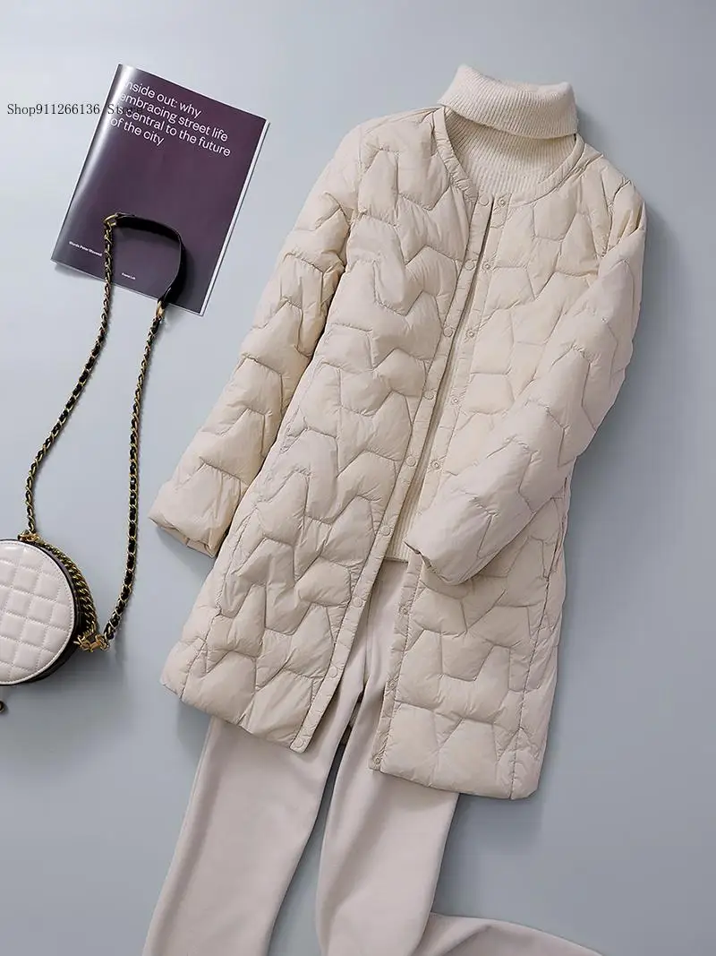 Autumn and Winter Lightweight Down Jacket Women's Collarless Mid Length Jacket Lightweight Round Neck Inner Liner Coat
