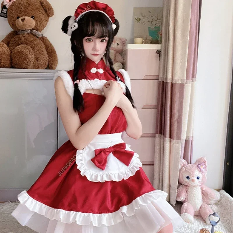 Christmas Japanese Anime Maid Uniform Female Sexy Role Playing Costume Dress Set Red Pure Desire Maid Set Dress New Year's Robe