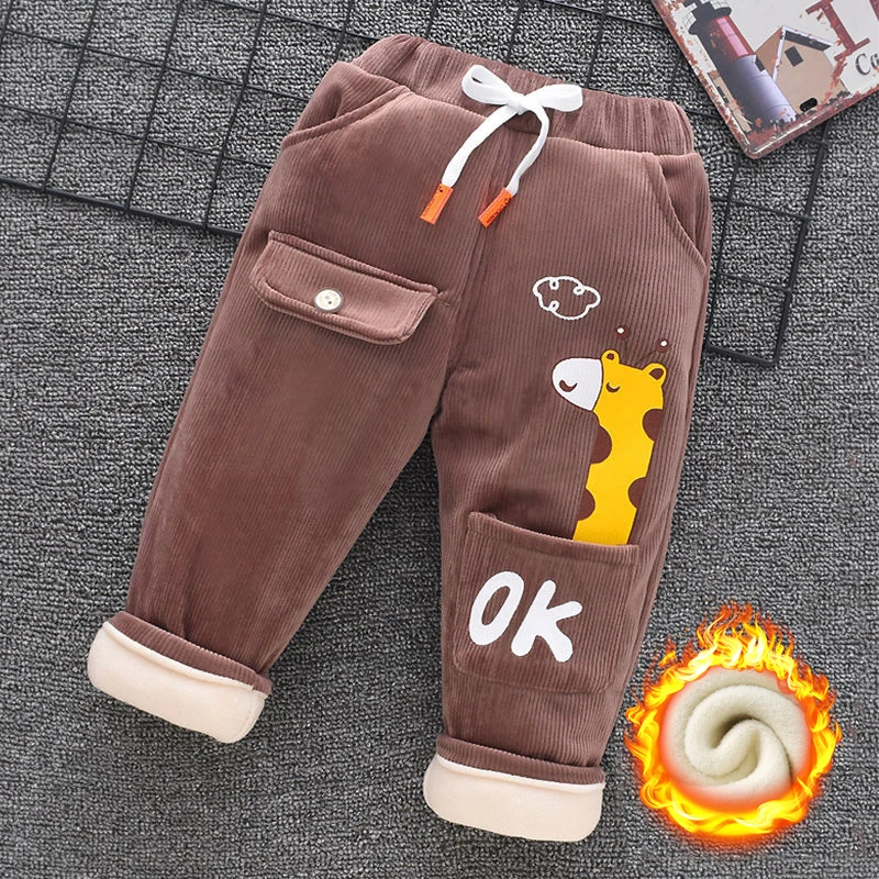 Winter Kids Fleece Pant 0-7Y Children Clothing Autumn Baby Girl Plus Velvet Leggings Boys Embroidery Cartoon Thick Warm Trousers