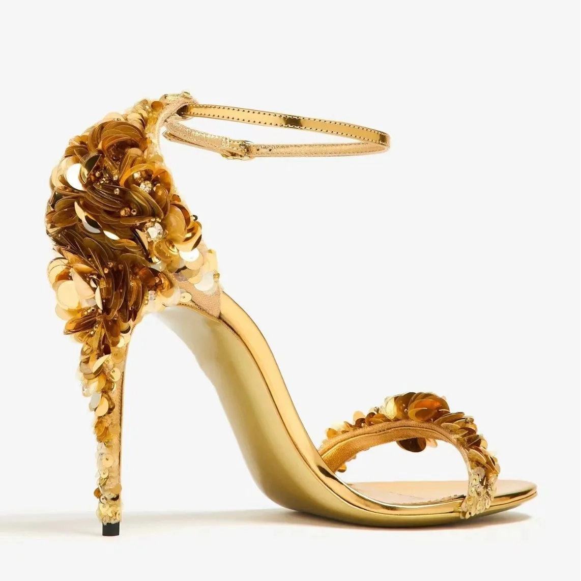 Women Gold Metallic Sequin Floral Open Toe Ankle Strap Stiletto Heel Sandals, Sequins Embellished High Heels for Wedding
