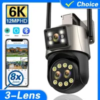 IP Camera 6K 12MP HD WiFi Outdoor Camera 8x Zoom Three Lens Dual Screen Home Security PTZ Camera 6MP Video Surveillance iCSee