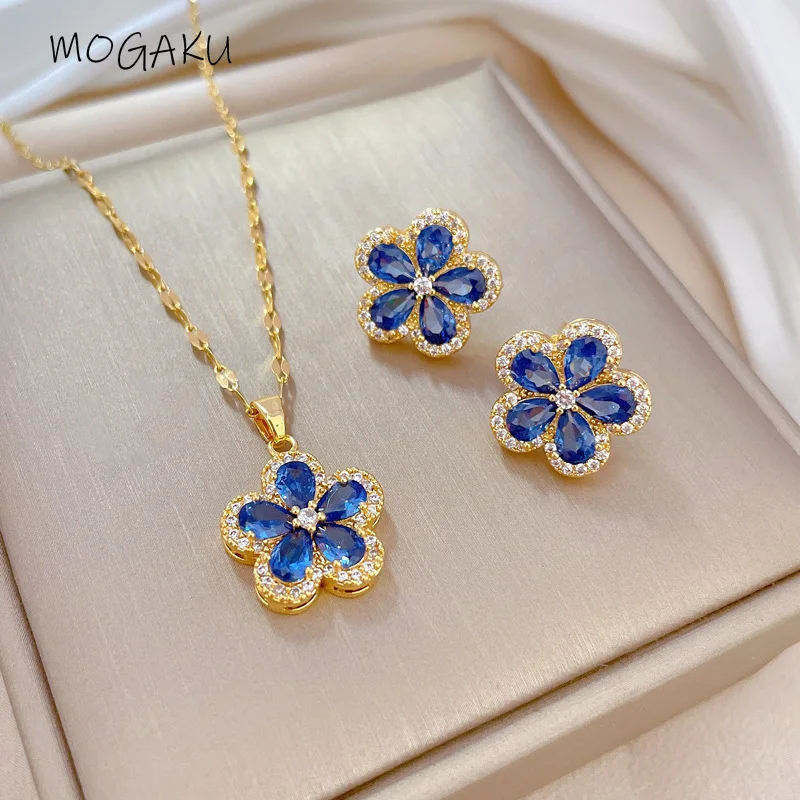 

MOGAKU Exquisite Pink Blue Crystal Flower Earrings Necklace Jewelry Sets for Women Korean Style Fashion Ladies Daily Accessories