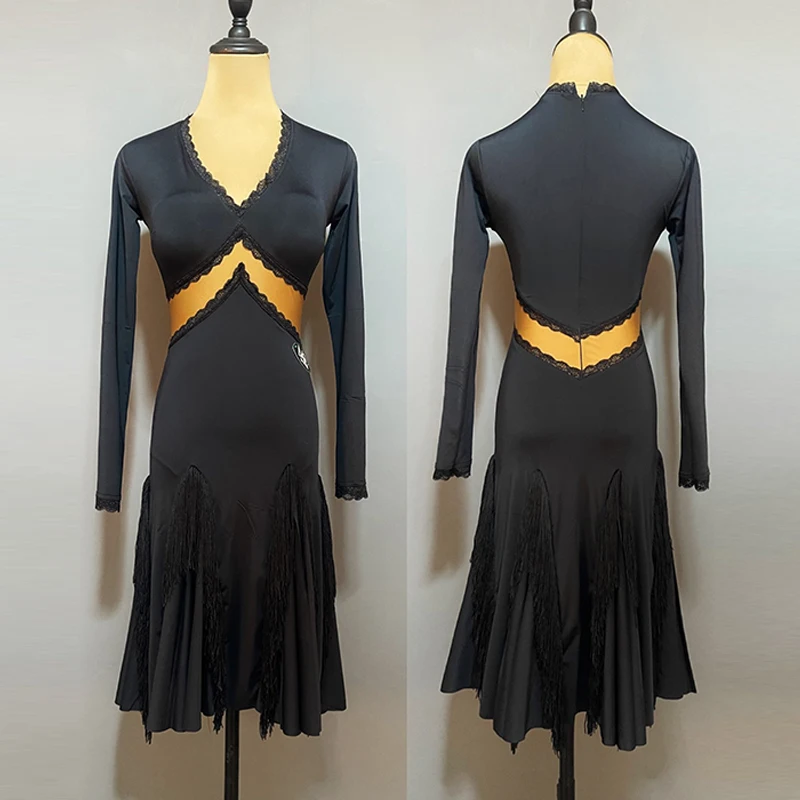 

V-Neck Long Sleeve Latin Dance Dress Women Tassel Performance Costume Adult Training Clothing Samba ChaCha Dance Dresses DL11669