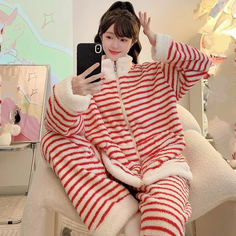 

Women's Striped Pajama Set Zipper Cardigan Sweet Winter Warm Sleepwear Cozy Comfortable Fleece Lined Loungewear Homewear Autumn