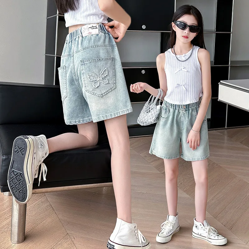 

Girls High Quality Mini Jeans Summer New Kids Teen Casual Short Pants Children Fashionable Fried Street Lace Butterfly Shorts