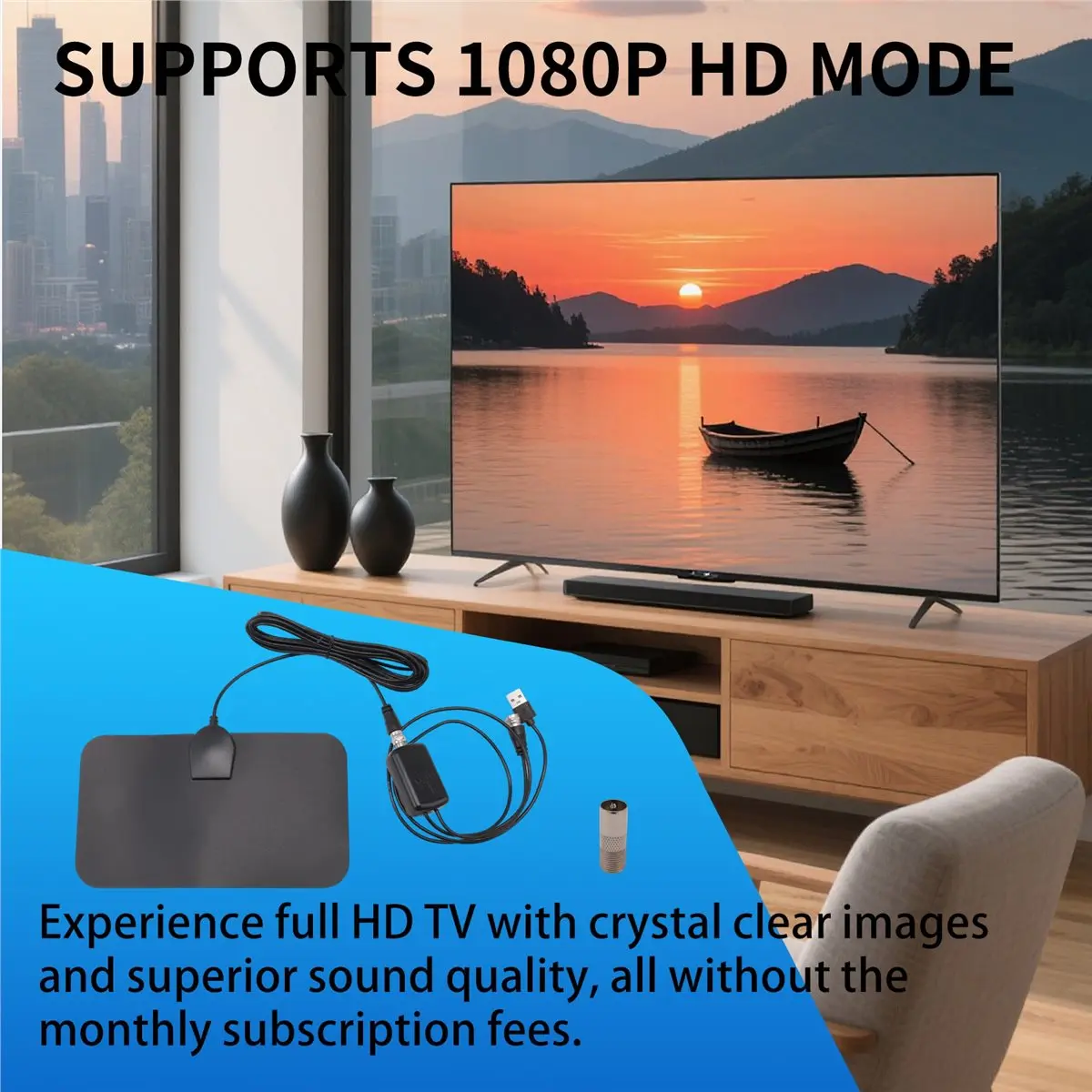 fine HDTV Antenna Indoor Digital Amplified TV Antenna with Strong Signal Full HD TV Reception, 80 Miles Range