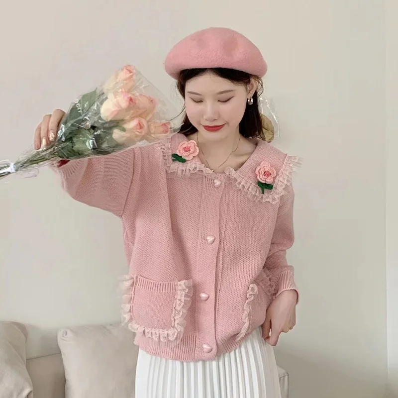 DAYIFUN-Korean Knitted Cardigans Women,Sweet,Embroidery Design Sweaters with Pockets,Japanese,Kawaii Tops,Autumn and Winter 2023