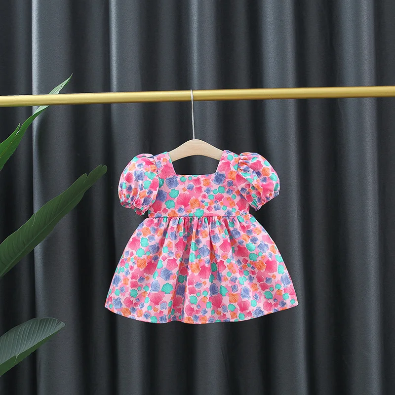 Baby Girl Summer New Dress Sweet Shell Printed Bubble Sleeves Big Bow Cotton Cloth Skirt Suitable for Children Aged 80-110