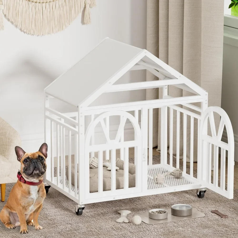 

Dog House Heavy Duty Crate for Small Medium Dogs, 33.5 Inch Chew Proof Pet Cage with Pointed Roof, Movable Kennel with Wheels