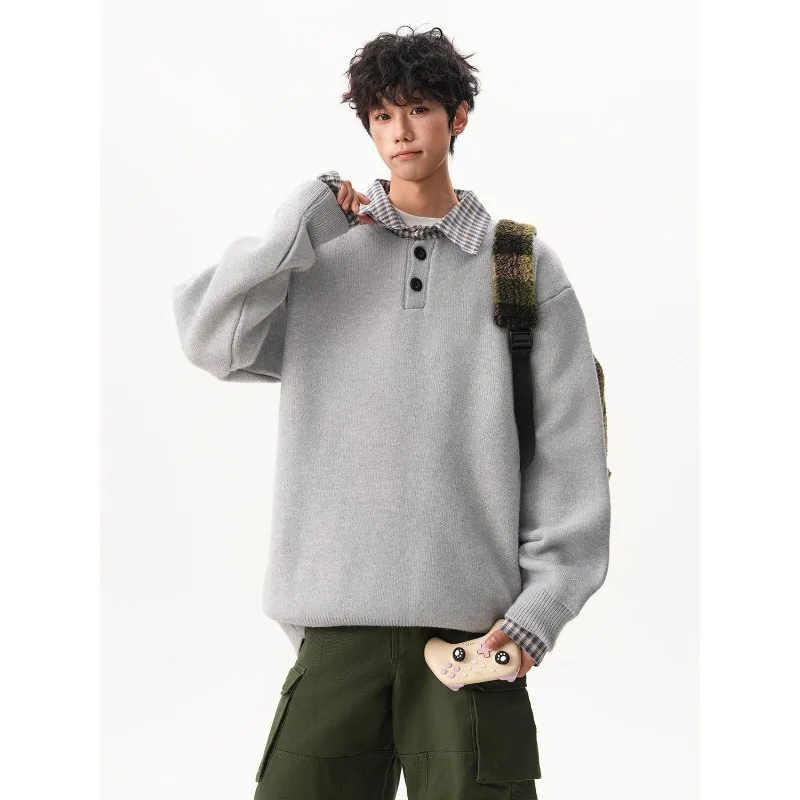 

Поддельный клетчатый свитер из двух частей с лацканами для мужчин, осенний свободный свитер в студенческом стиле с воротником-поло, американский топ