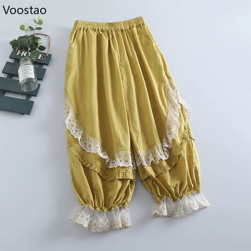 Vintage Sweet Lolita Bloomers Women Kawaii Lace Ruffles Patchwork Loose Pants Girls Casual Elastic Waist Trousers Ropa Mujer