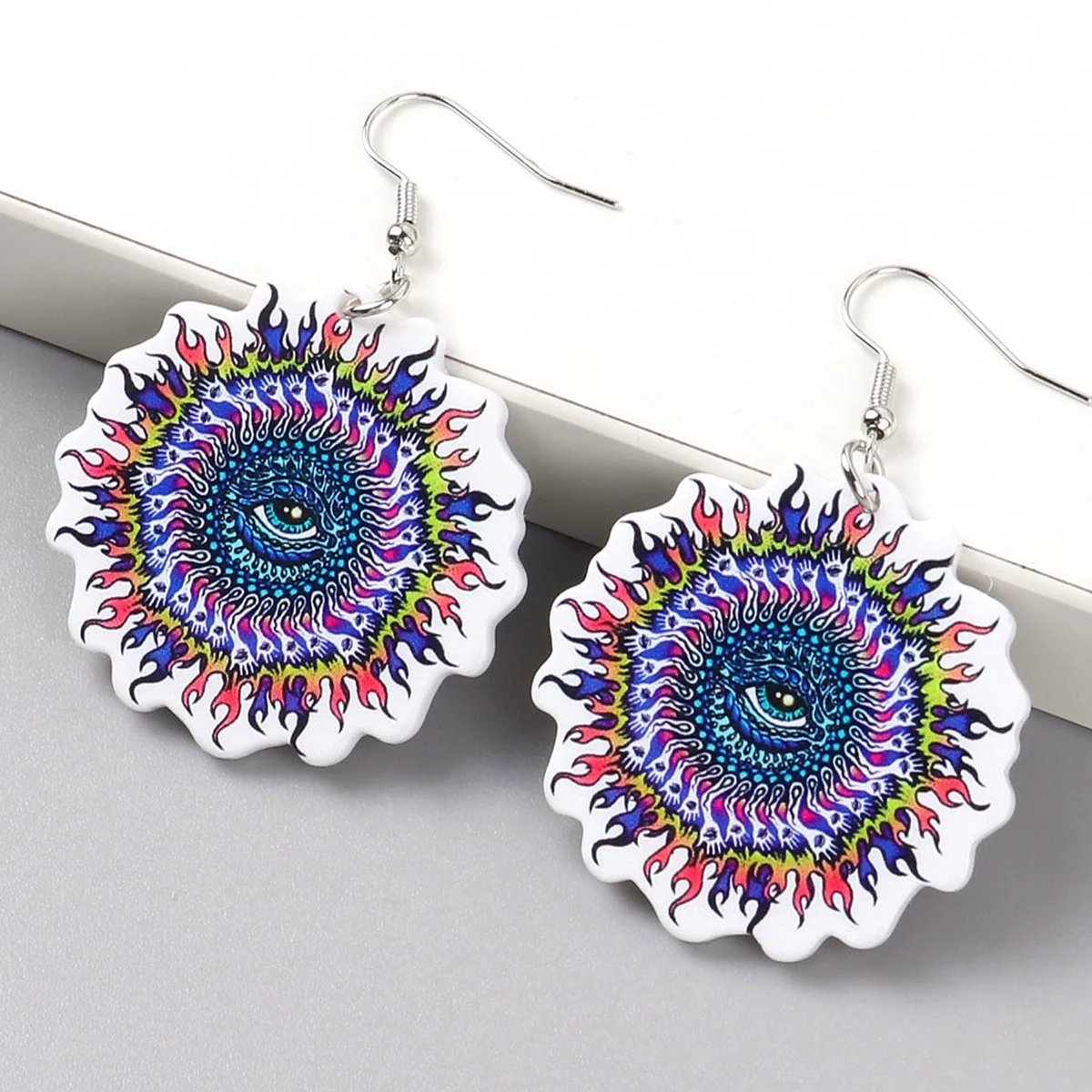 New Blue Evil Eyes Flame Acrylic Print Drop Earrings Horrible Pizza Eyeballs Round Halloween Earring Funny Party Jewelry Gifts