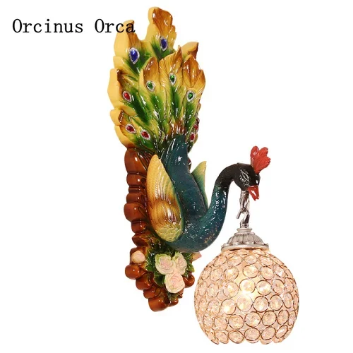 European retro color peacock crystal wall lamp living room bedroom bedside lamp modern creative resin bird wall lamp
