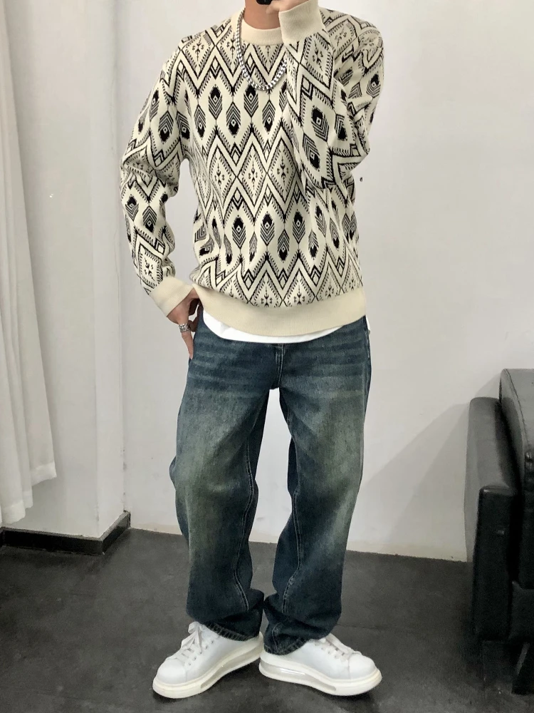 بلوفرات الدراجات النارية للرجال جرافيك أسود بالإضافة إلى حجم كبير ملابس تريكو كورية عصرية بأكمام طويلة Y2k سترة رجالية منسوجة فضفاضة