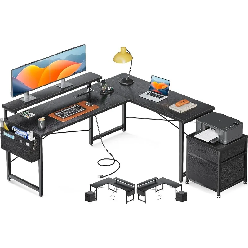 

L-образный компьютерный стол, офисный стол 55 дюймов с картотечным шкафом, розеткой и регулируемой подставкой для монитора, с сумкой для хранения, черный