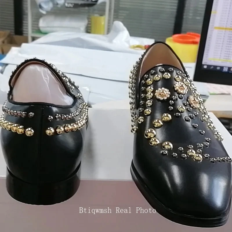 Gold Rivet Studded Shoes Man Pointed Toe Black Real Leather Hand-made Flats Male Fashion Party Shoes
