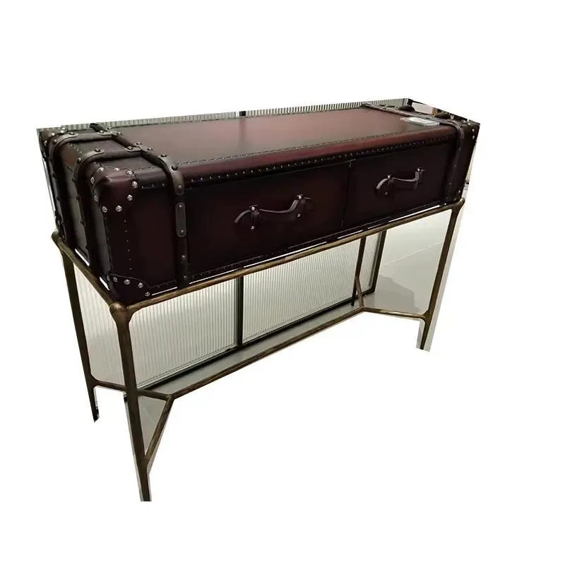 High-end luxury full retro leather coffee table set living room furniture decorative sideboard