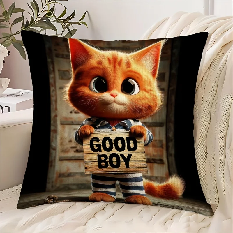 Cute Orange Kitten Pillow Case Adorable Cat Holding Sign Cushion Cover Fun Pet Lover Home Decor for Sofa Bedroom Living RoomKids