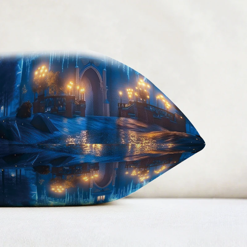 Betoverde kasteel kussensloop gloeiend blauw paleis nachtelijke hemel decoratief kussen bank slaapkamer woondecoratie